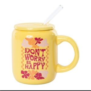 Yellow Mug with Straw and Floral Design